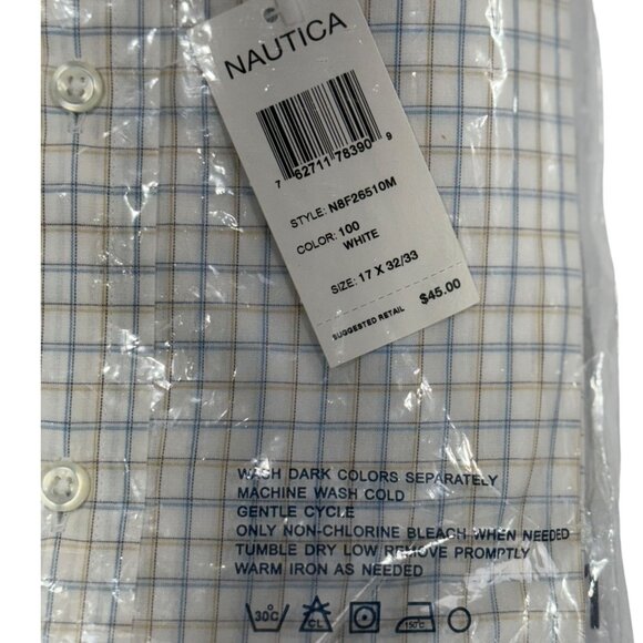 Nautica Mens Dress Shirt 100% Cotton White & Blue Plaid Button-Up Size 17 32/33 - Picture 7 of 7